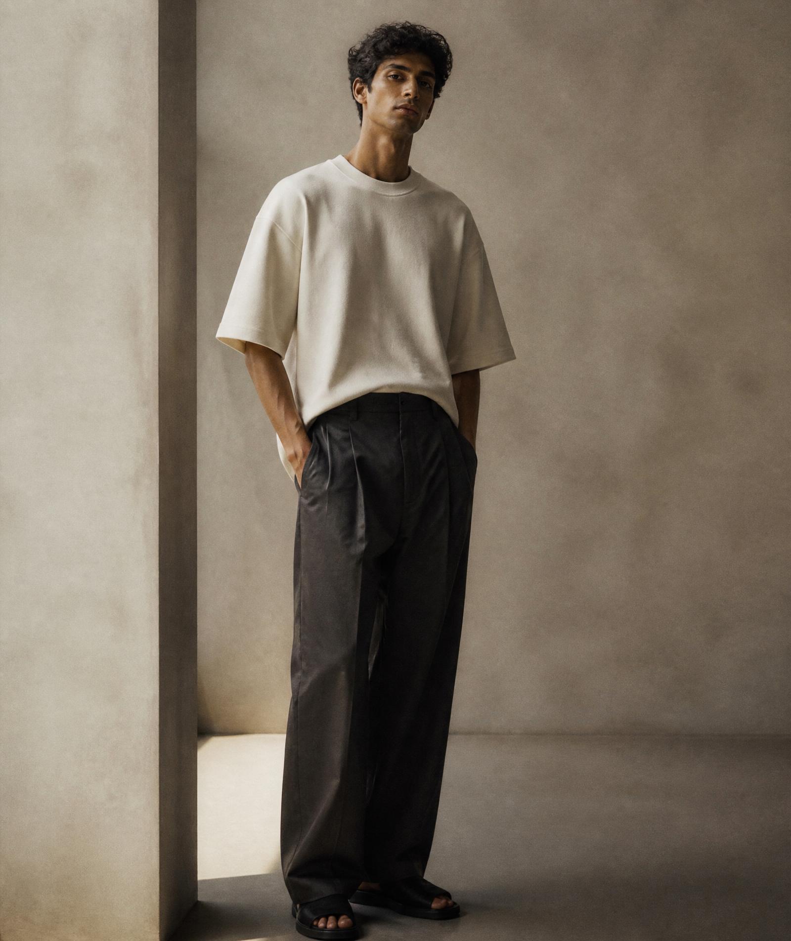 Model wearing the Terra oversized tee and wide-leg trousers