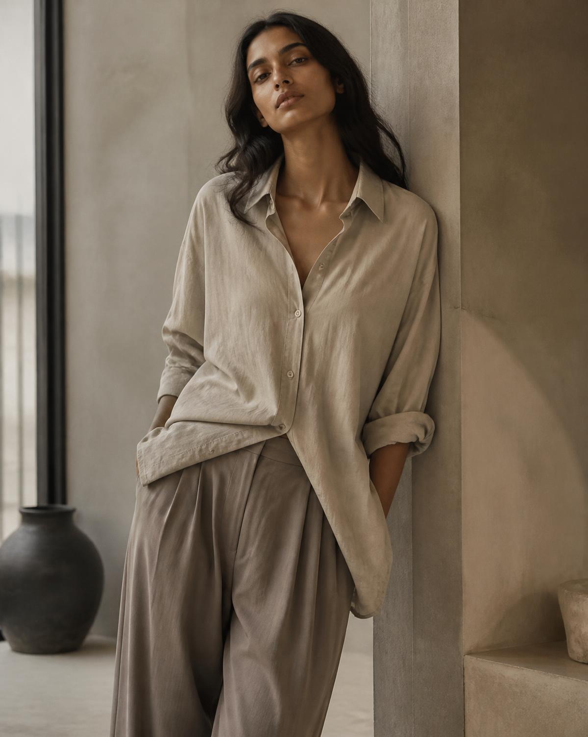 Model in a stone-beige oversized shirt